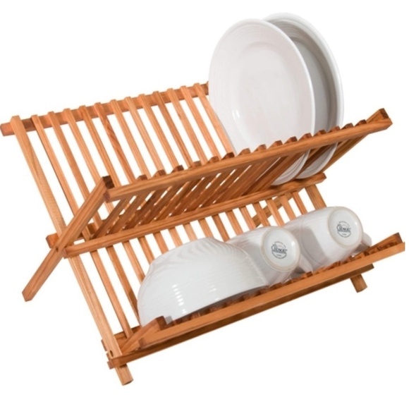 Dish Drying Rack 2 Tier Wood Folding Kitchen Storage Natural Brown Pine - Picture 1 of 11